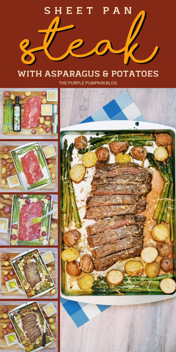 Sheet pan steak with asparagus and potatoes brushed with olive oil and garlic