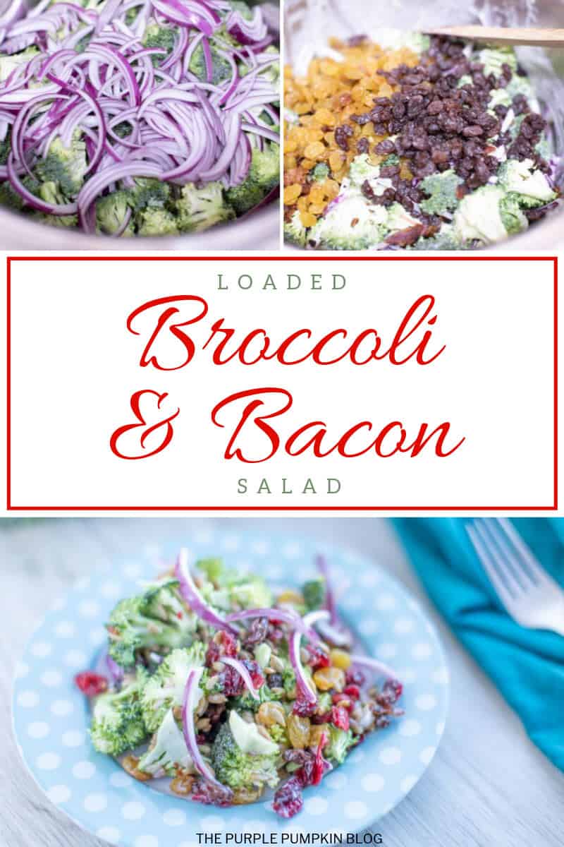 Loaded broccoli bacon salad on a blue and white polka dot plate