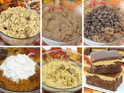 Recipe Card for triple layer pumpkin spice brownies