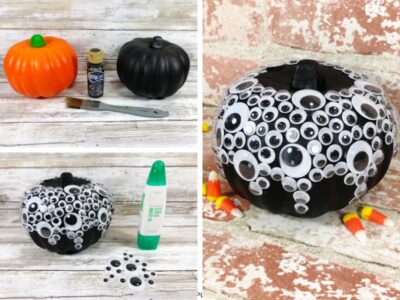 Step by step photos demonstrating how to make Googly Eye Pumpkins