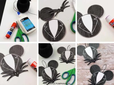 Step by step photos demonstrating how to make a Jack Skellington paper ornament