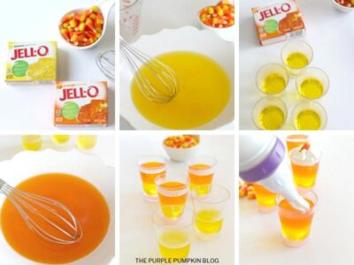Recipe card with step by step images for making candy corn jello cups