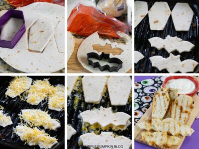 Recipe card with step by step photos demonstrating how to make Halloween quesadillas