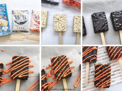 Recipe card for Halloween Rice Krispie Pops with step by step images