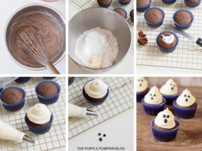 Recipe card with step by step photos demonstrating how to make ghost cupcakes