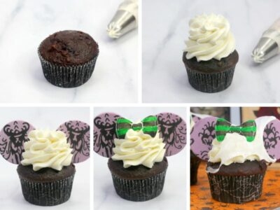 Recipe card with step by step photos demonstrating how to make Haunted Mansion Cupcakes