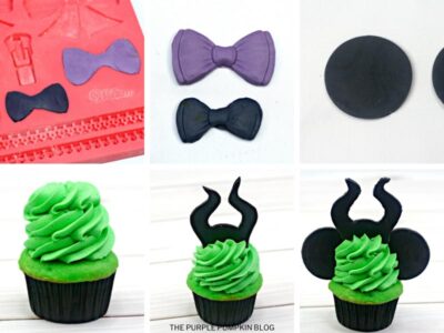 Recipe card with step by step photos demonstrating how to make Maleficent Cupcakes