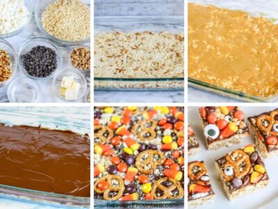 Recipe card with step-by-step process photos for Monster Crunch Bars