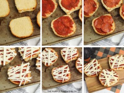 Recipe card with step-by-step images for mini mummy pizzas