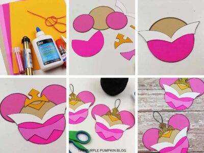 step by step photos demonstrating how to make Sleeping Beauty ornaments