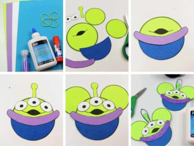 step by step photos demonstrating how to make a Toy Story Alien ornament