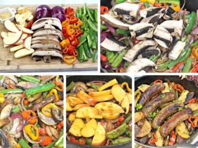 Recipe card with step by step photos demonstrating how to make Bratwurst Skillet with Apples & Vegetables