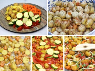 Recipe card with step by step photos demonstrating how to make Italian Roasted Vegetables