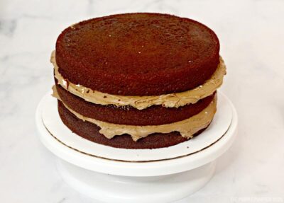 Chocolate cake layered with frosting