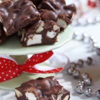 Rocky Road Fudge squares on a cake stand