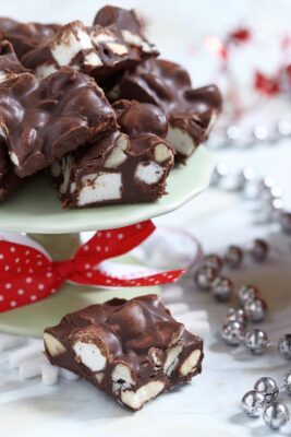 Rocky Road Fudge squares on a cake stand