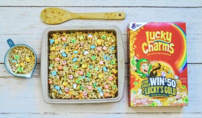Adding Lucky Charms Treats to Pan