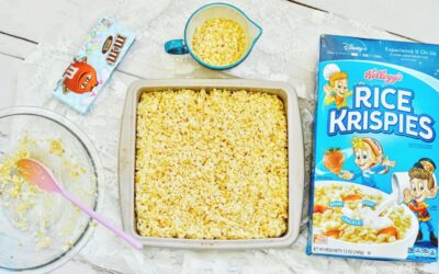 Cereal and marshmallow mixture pressed into square pan