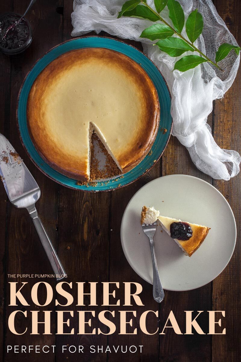 Kosher Cheesecake for Shavuot - a baked cheesecake with a slice cut out and served on a plate with fruit coulee.