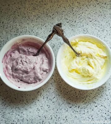 bowls of lemon, and berry cheesecake mixture