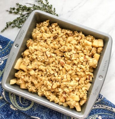 Apple Crisp Topping added to Pan - Ready for Baking