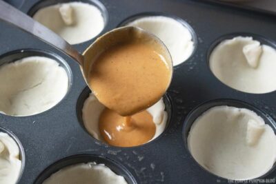 Pumpkin Pie Filling poured into pie cases