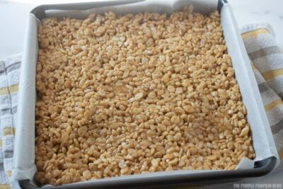 Rice Krispies mix spread in baking pan
