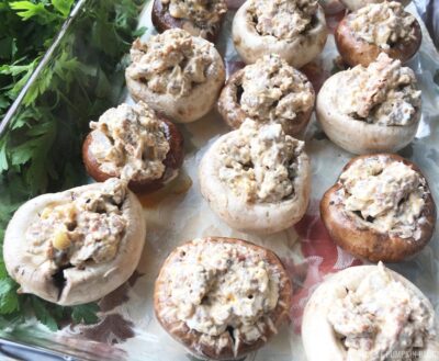 Stuffed Mushrooms in glass dish