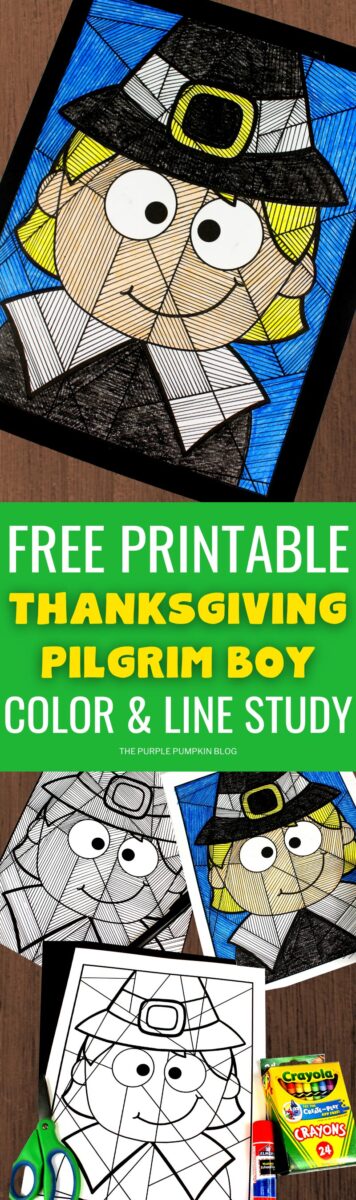 Free Printable Thanksgiving Pilgrim Boy Color & Line Study