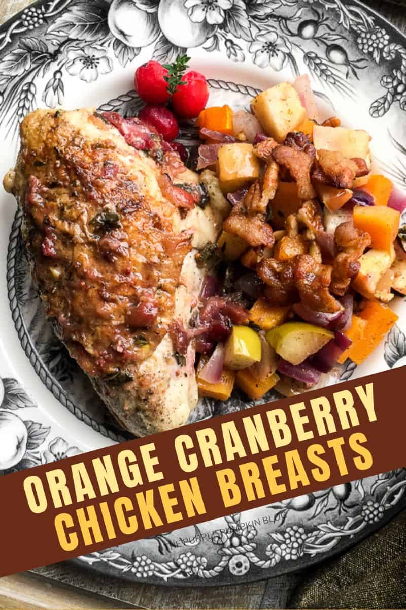 A plate with a roast chicken breast with apple and butternut squash casserole on the side. Text overlay says