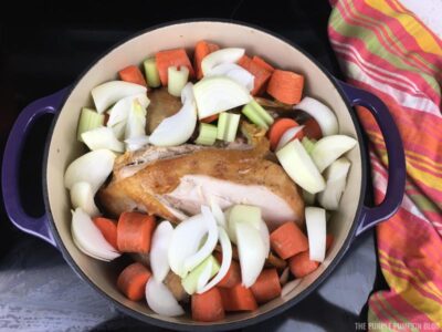 Roasted Chicken Carcass in Pot with Stock Vegetables