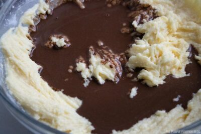 Chocolate mixture added to cake batter