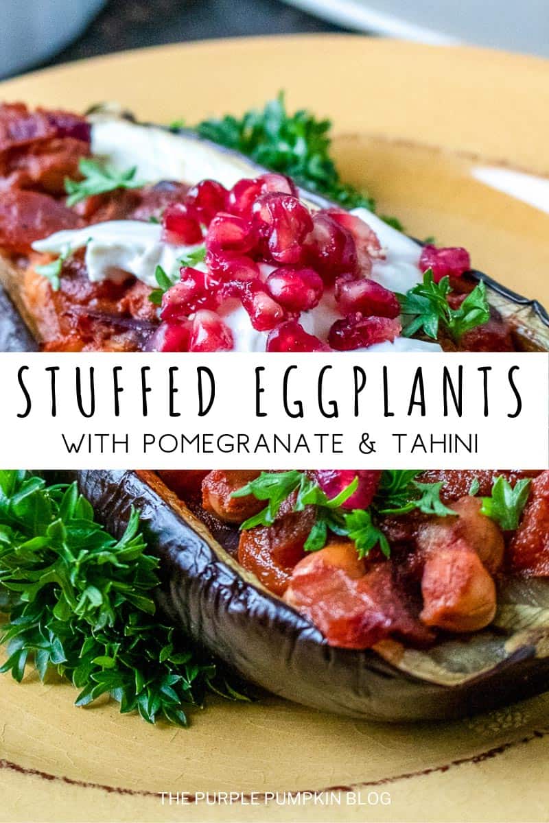 Half an eggplant stuffed with chickpeas and tomato mixture and topped with tahini dressing, pomegranate, and parsley. Text overlay says
