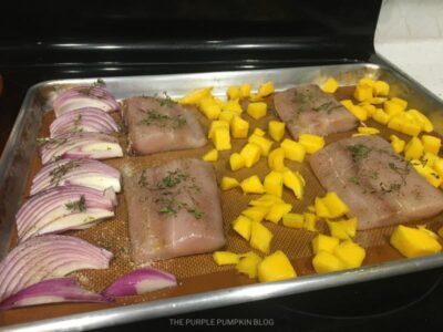 Mahi Mahi, Mango & Red Onion on Baking Sheet