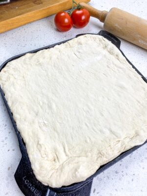 Pizza Dough on Cast Iron Pan