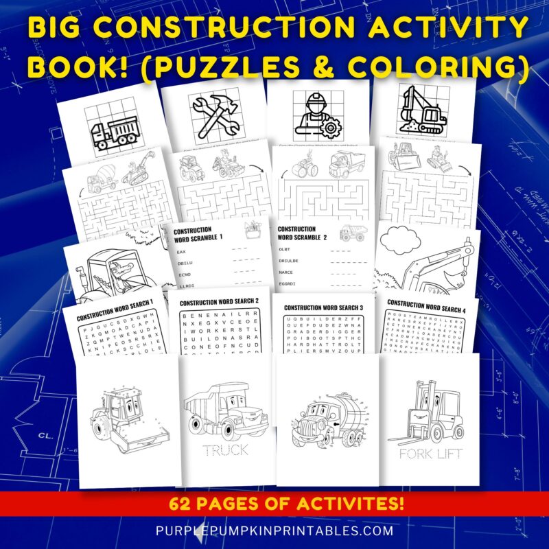 Big Construction Activity Book (Puzzles & Coloring) 62 Pages to Print