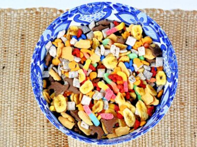 Mixed Jungle Cruise Snack Mix in a Blue Bowl