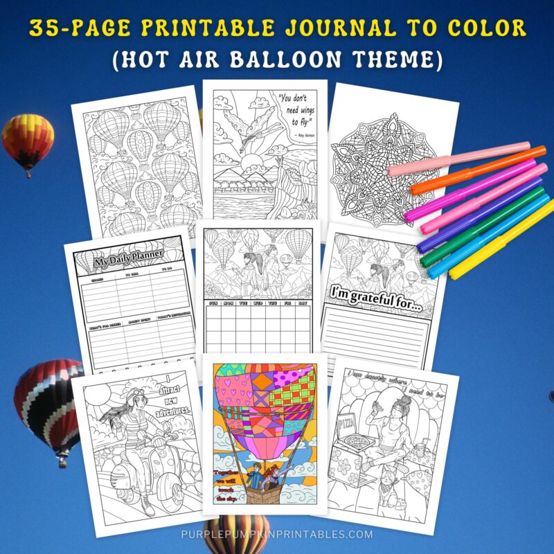 35-Page Printable Journal to Color - Hot Air Balloon Theme