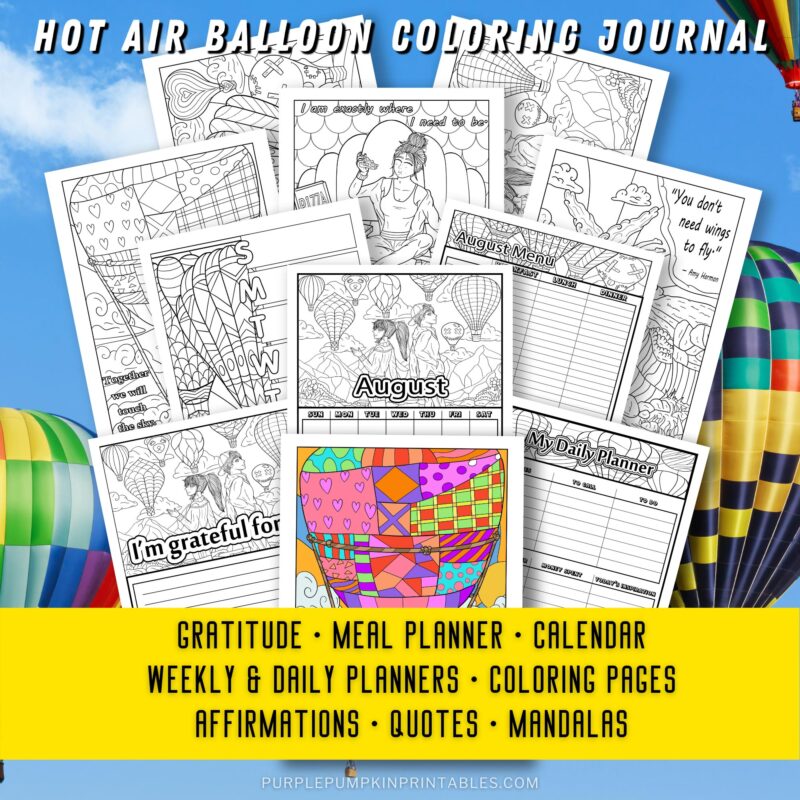 Hot Air Balloon Coloring Journal with Pages including Gratitude, Meal Planner, Calendar and More