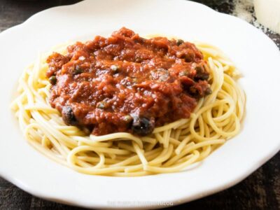 Pasta topped with Puttanesca Sauce