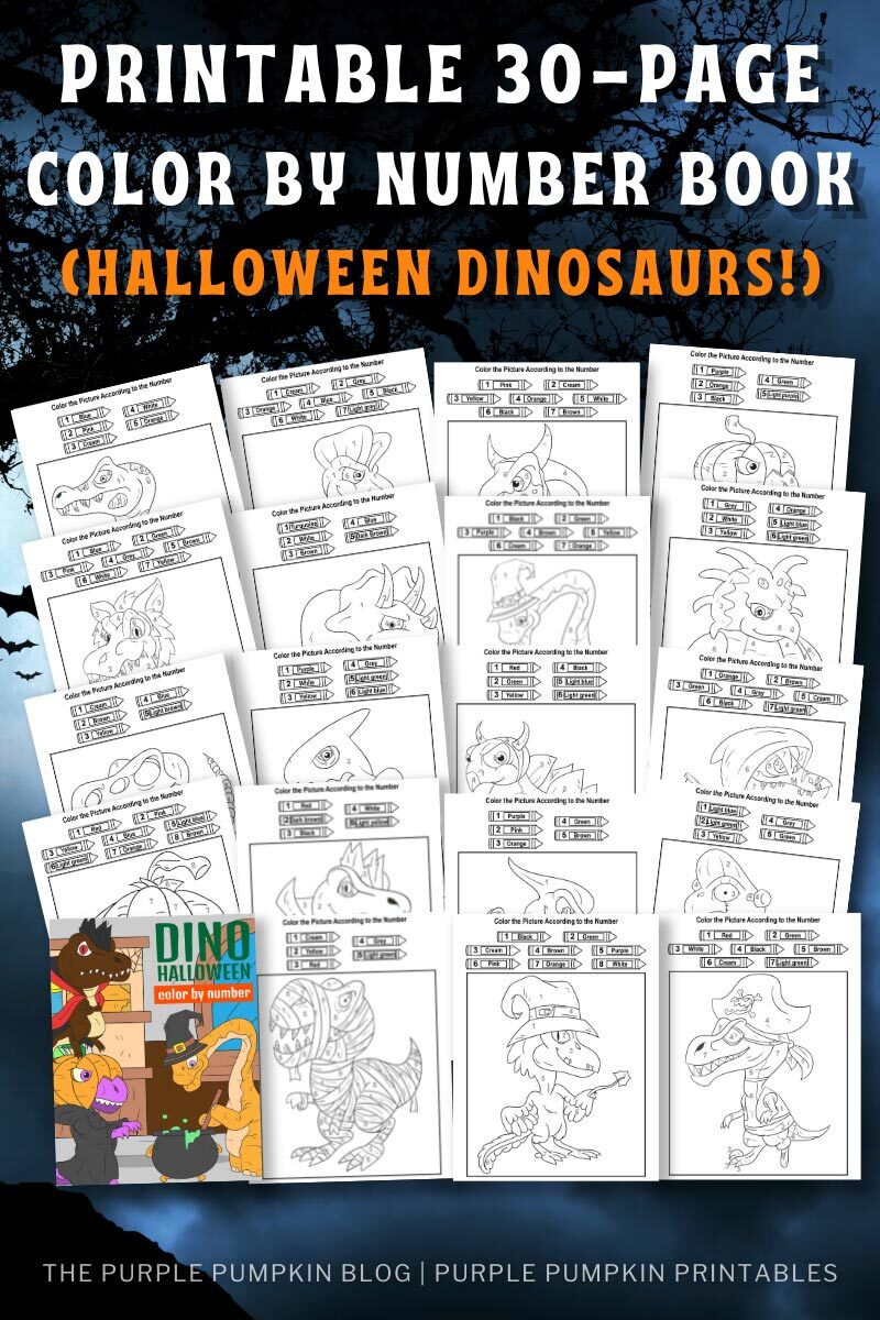 Printable 30-Page Color By Number Book (Halloween Dinosaurs)