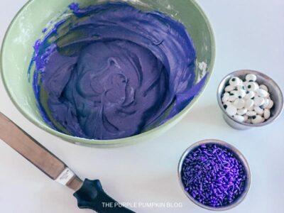 Purple Frosting, Candy Eyeballs & Sprinkles