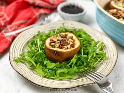 Roasted Stuffed Pear on Bed of Arugula