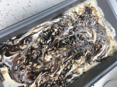 Swirling Toffee Bits and Chocolate Sauce