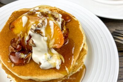 Stack of Buttermilk Pancakes with Peaches & Cream