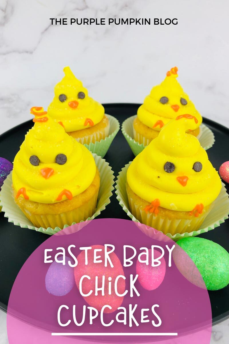 Cupcakes topped with a blob of yellow frosting, with chocolate chip eyes, and orange frosted beak, frond and feet to look like fluffy chicks. Surrounded by mini chocolate eggs. Text overlay says"Easter Baby Chick Cupcakes". Same cupcakes featured throughout from various angles, with different text overlays, unless otherwise described.