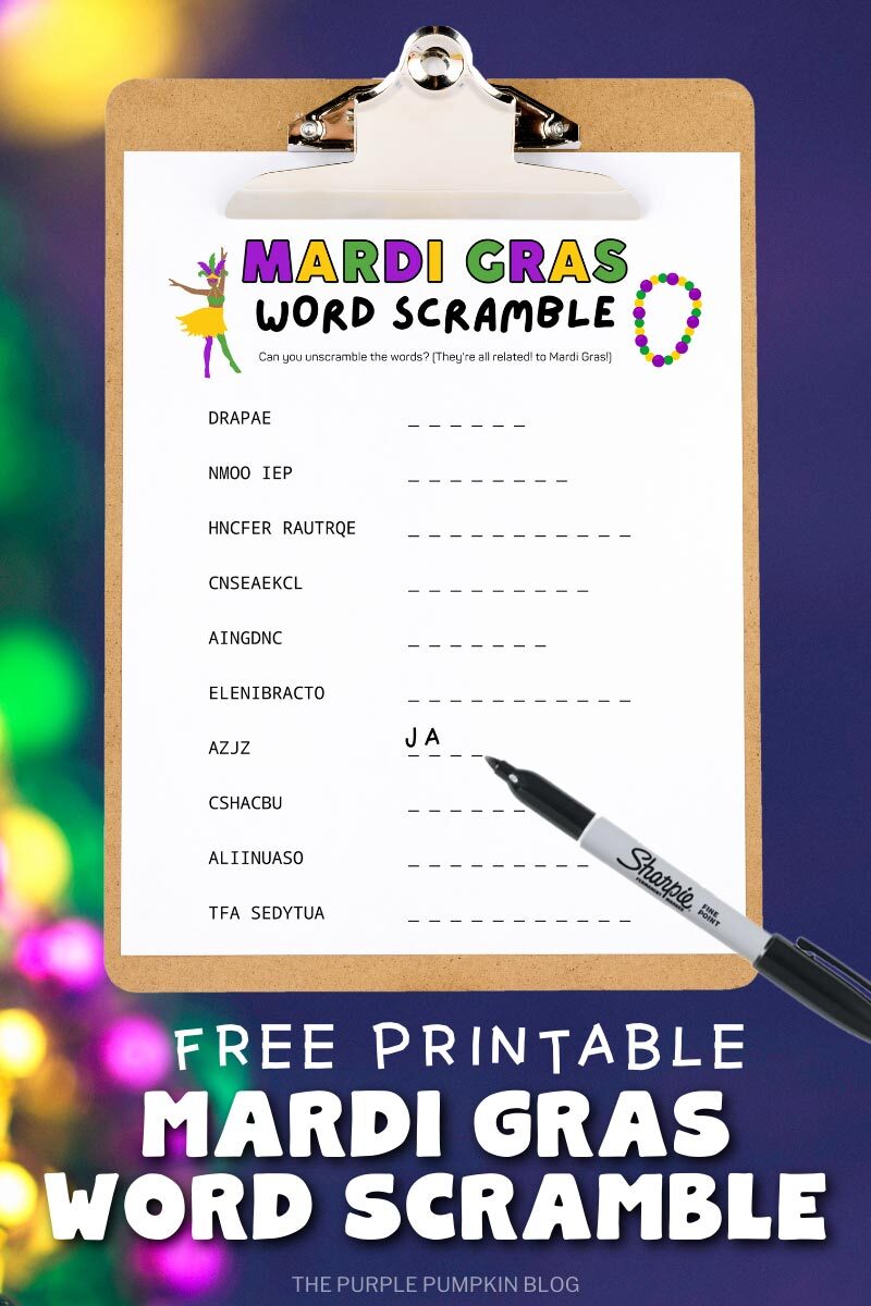 Free Printable Mardi Gras Word Scramble