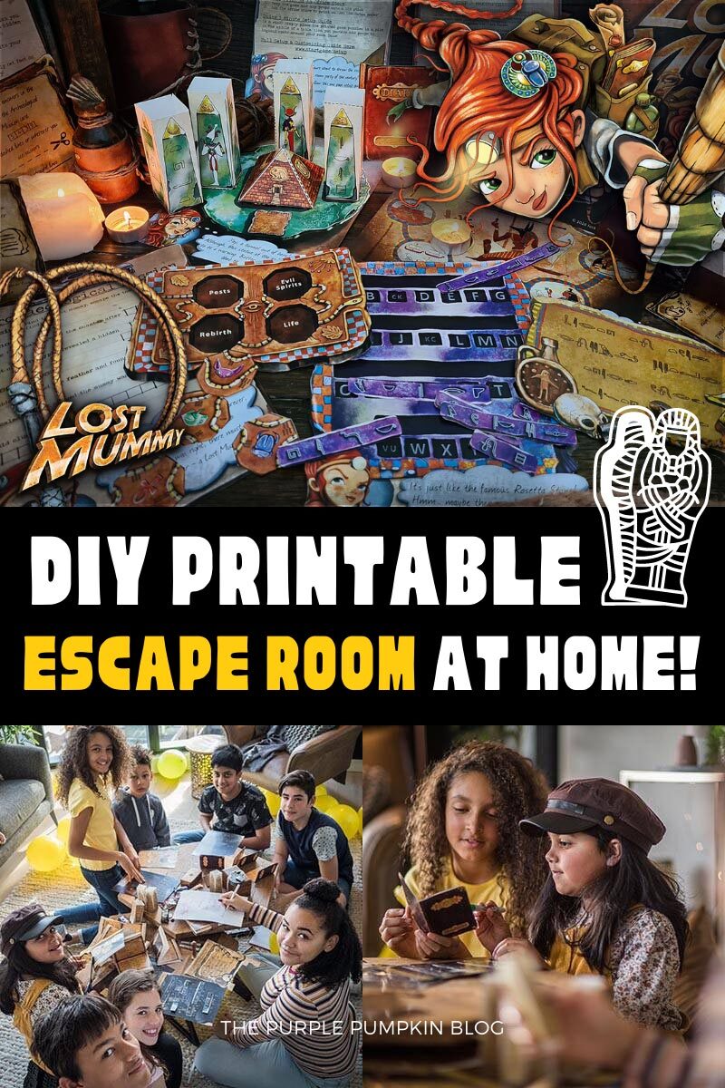 Images of the printable pieces of the Lost Mummy Escape room, and kids playing the game. Text overlay says"Lost Mummy DIY Printable Escape Room at Home!