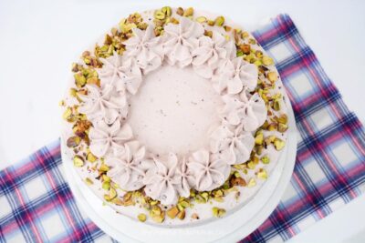 Overhead of Pistachio & Blueberry Layer Cake