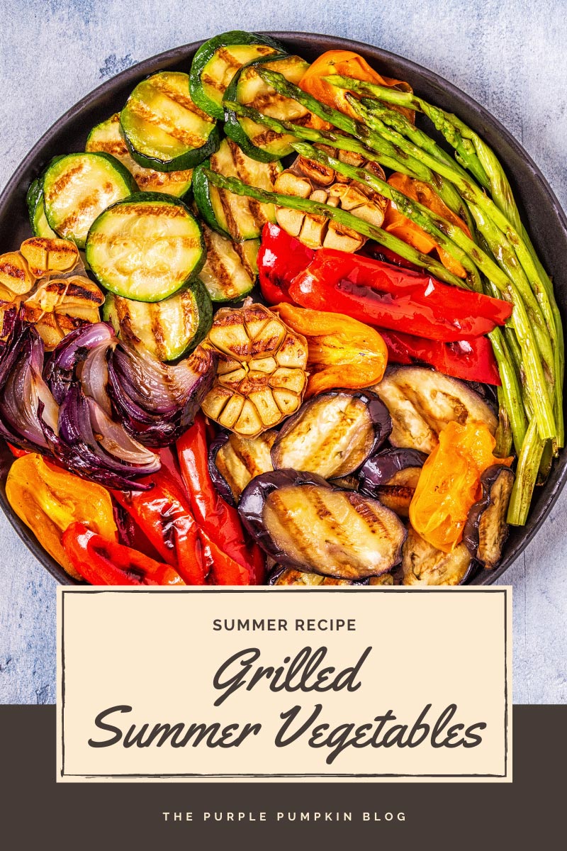 A dish filled with a variety of grilled vegetables including peppers, onions, garlic, zucchini, eggplant, and asparagus. Text overlay says "Summer Recipe. Grilled Summer Vegetables". Similar photos of the recipe from various angles are used throughout with different text overlays unless otherwise described.